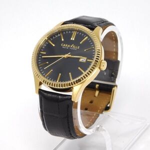 Caravelle New York Men's Watch 41mm Gold Tone Black Dial Date Leather Bulova Co.